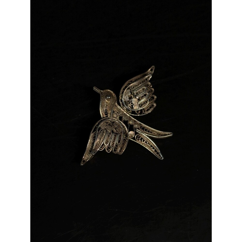 800 Silver Filigree Bird Brooch Vintage Hummingbird Pin